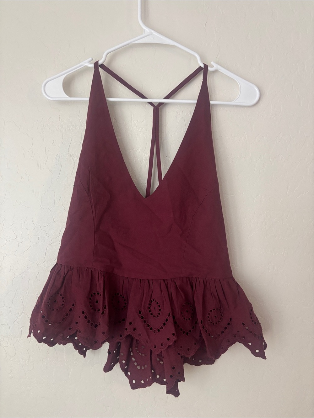 Backless Burgundy Eyelet Hem V-Neck Summer Dress